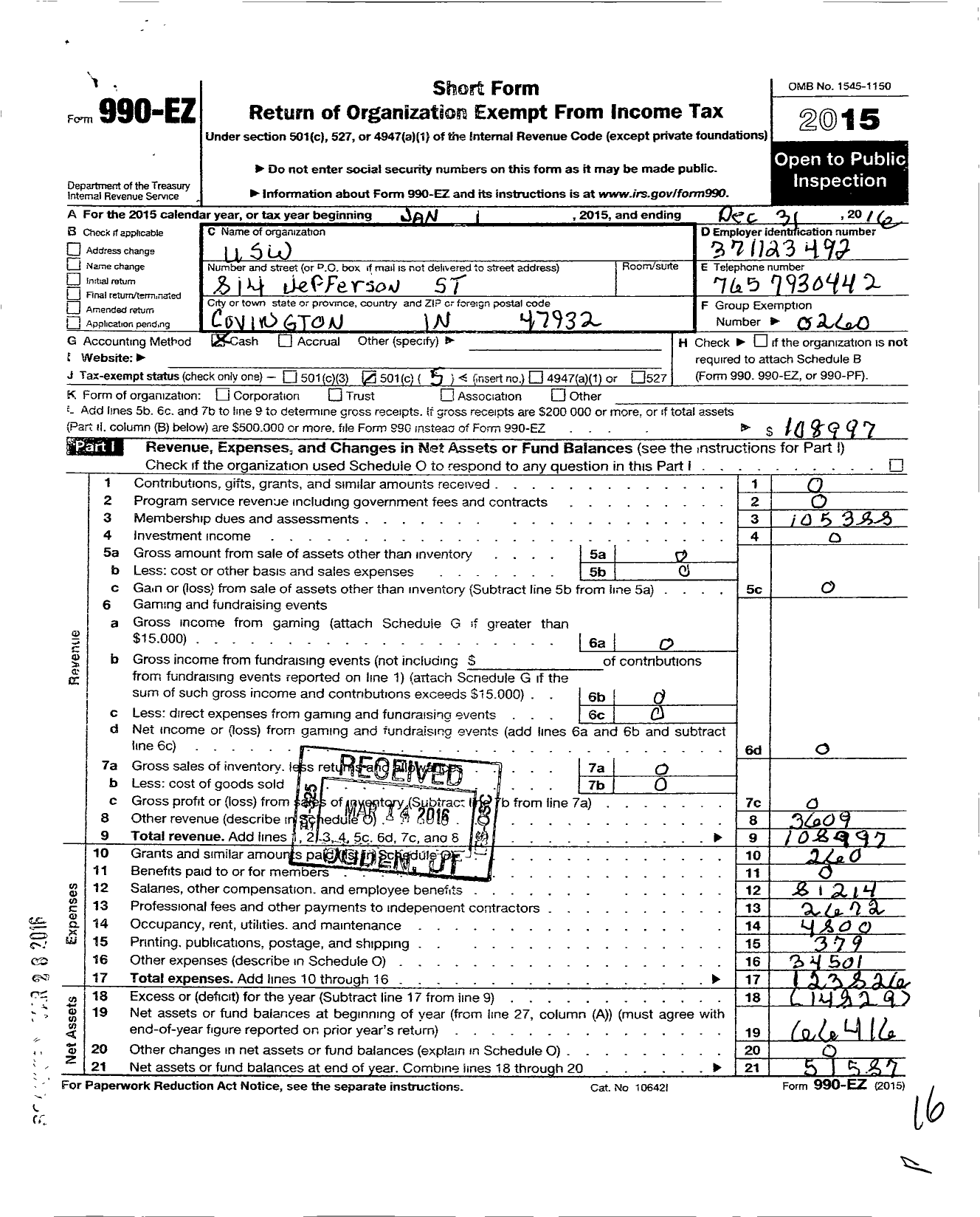 Image of first page of 2016 Form 990EO for United Steelworkers - 00201B Local