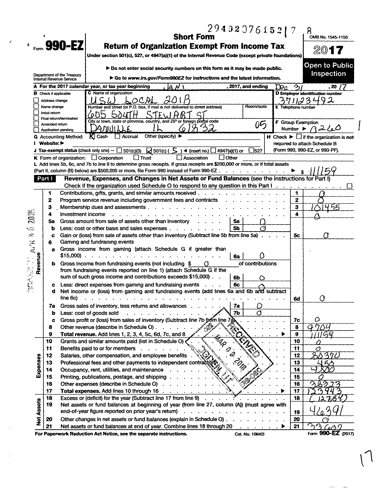 Image of first page of 2017 Form 990EO for United Steelworkers - 00201B Local