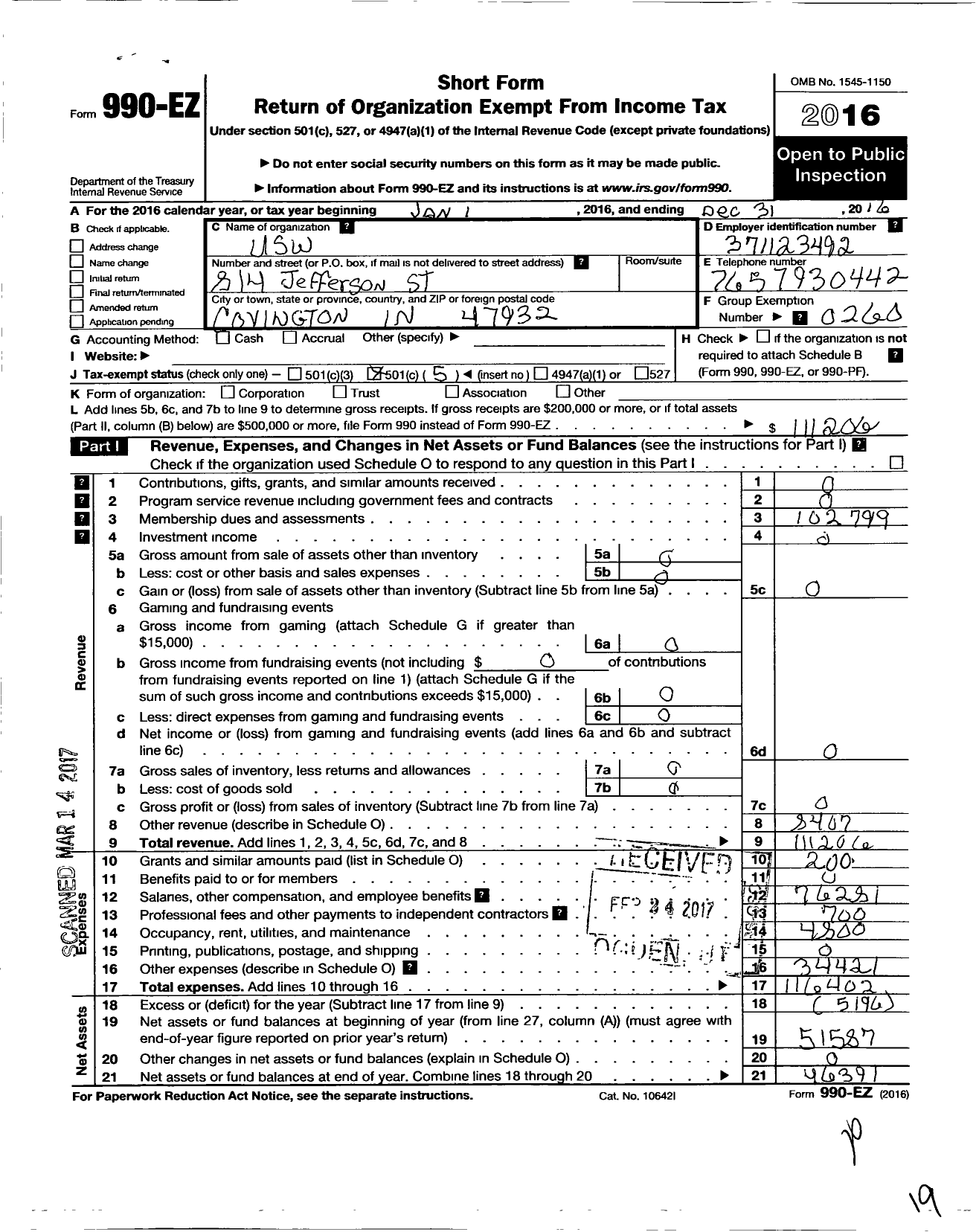 Image of first page of 2016 Form 990EO for United Steelworkers - 00201B Local