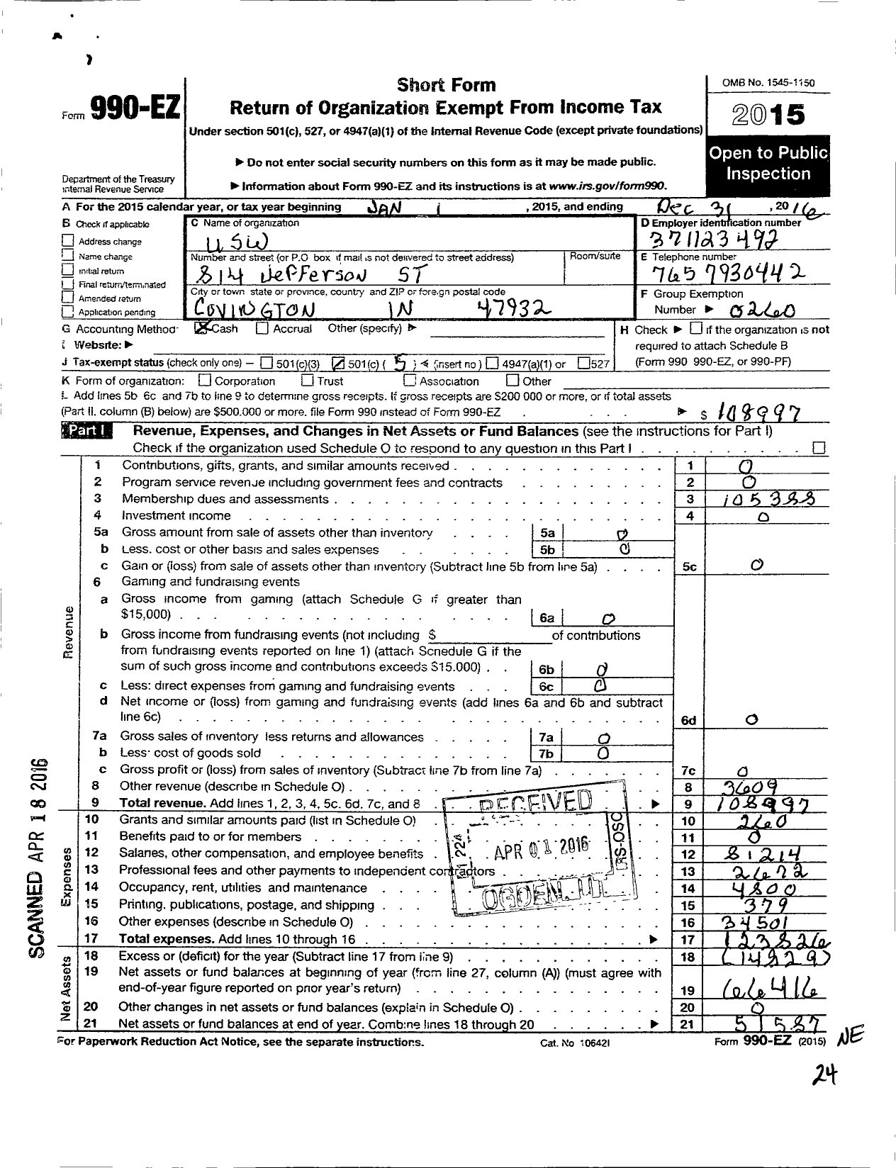 Image of first page of 2016 Form 990EO for United Steelworkers - 00201B Local