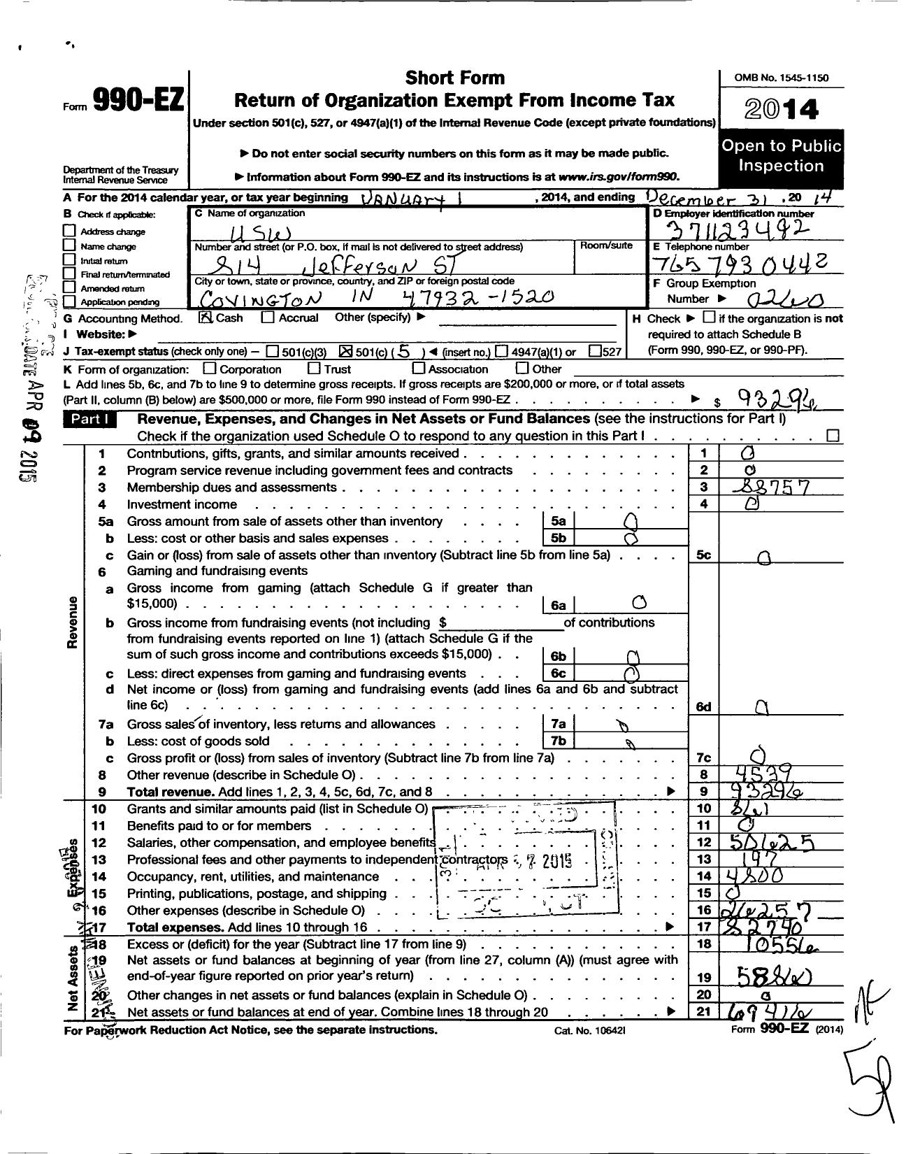 Image of first page of 2014 Form 990EO for United Steelworkers - 00201B Local