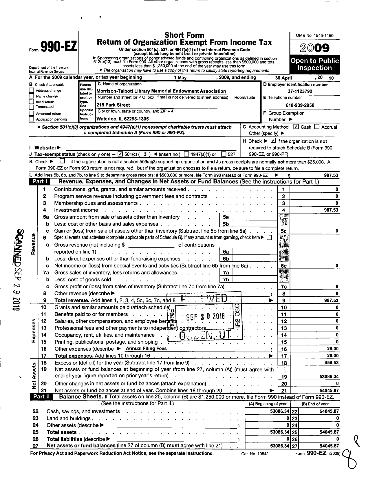 Image of first page of 2009 Form 990EZ for Morrison Talbott Library Memorial Endowment Association