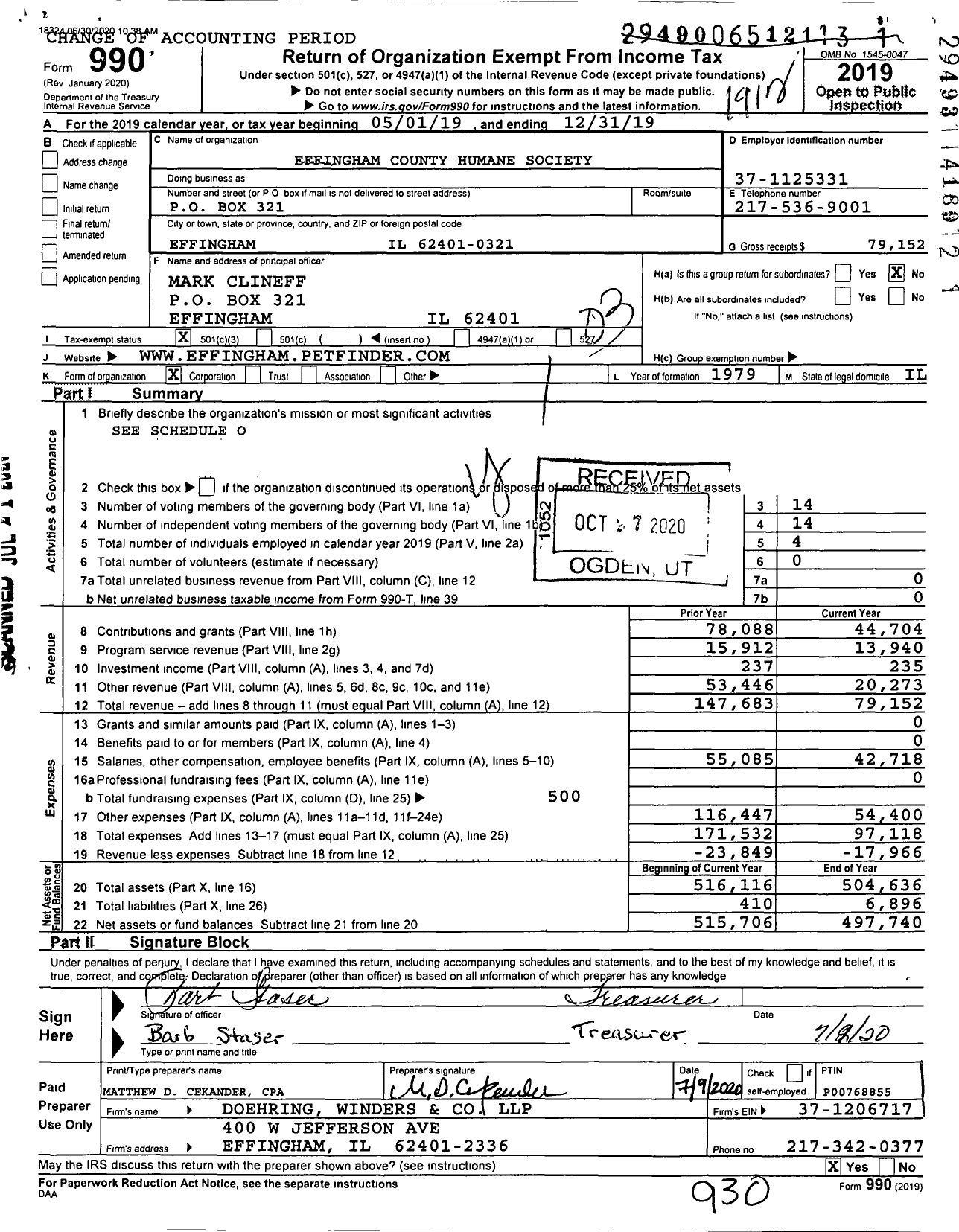 Image of first page of 2019 Form 990 for Effingham County Humane Society