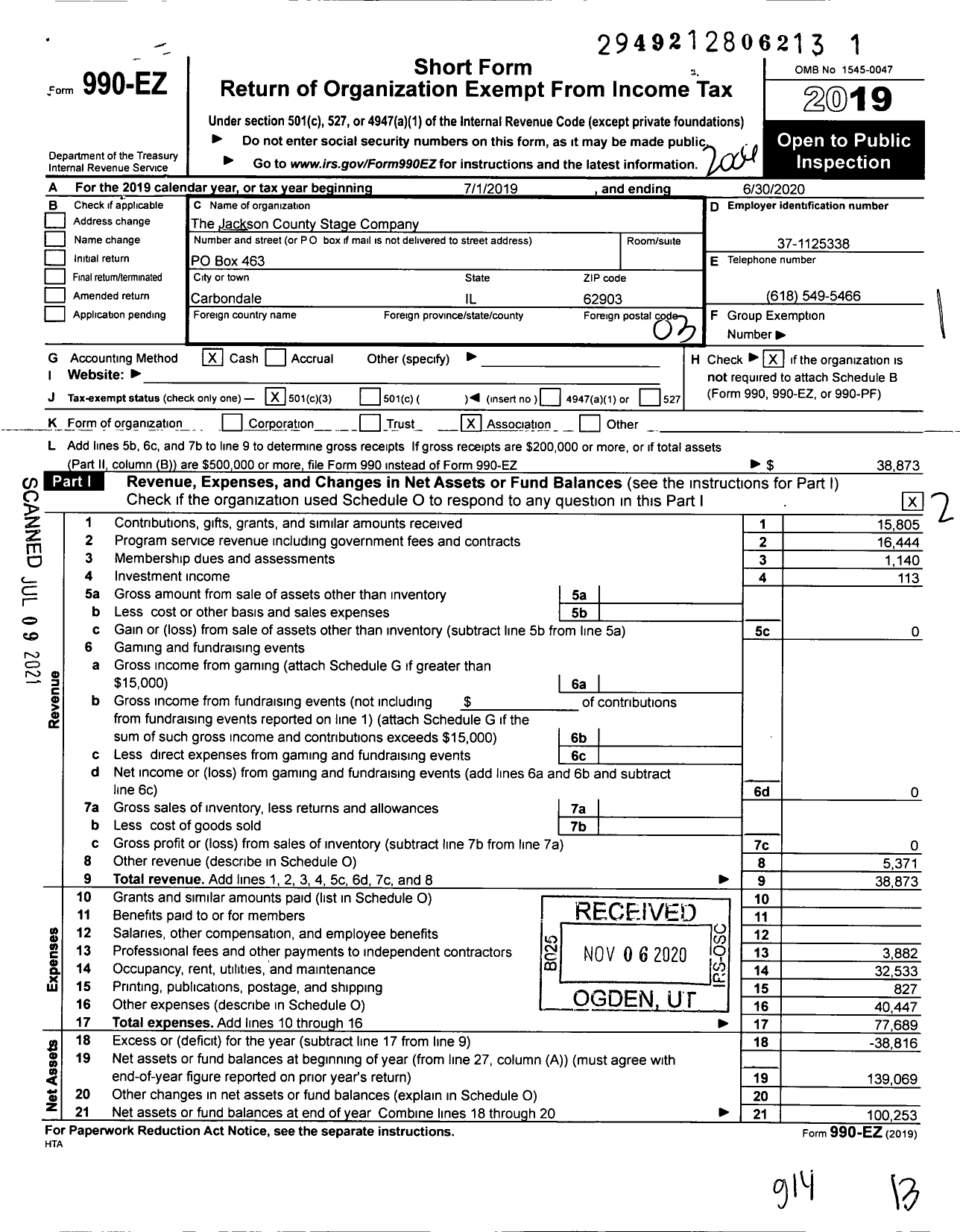 Image of first page of 2019 Form 990EZ for The Jackson County Stage Company