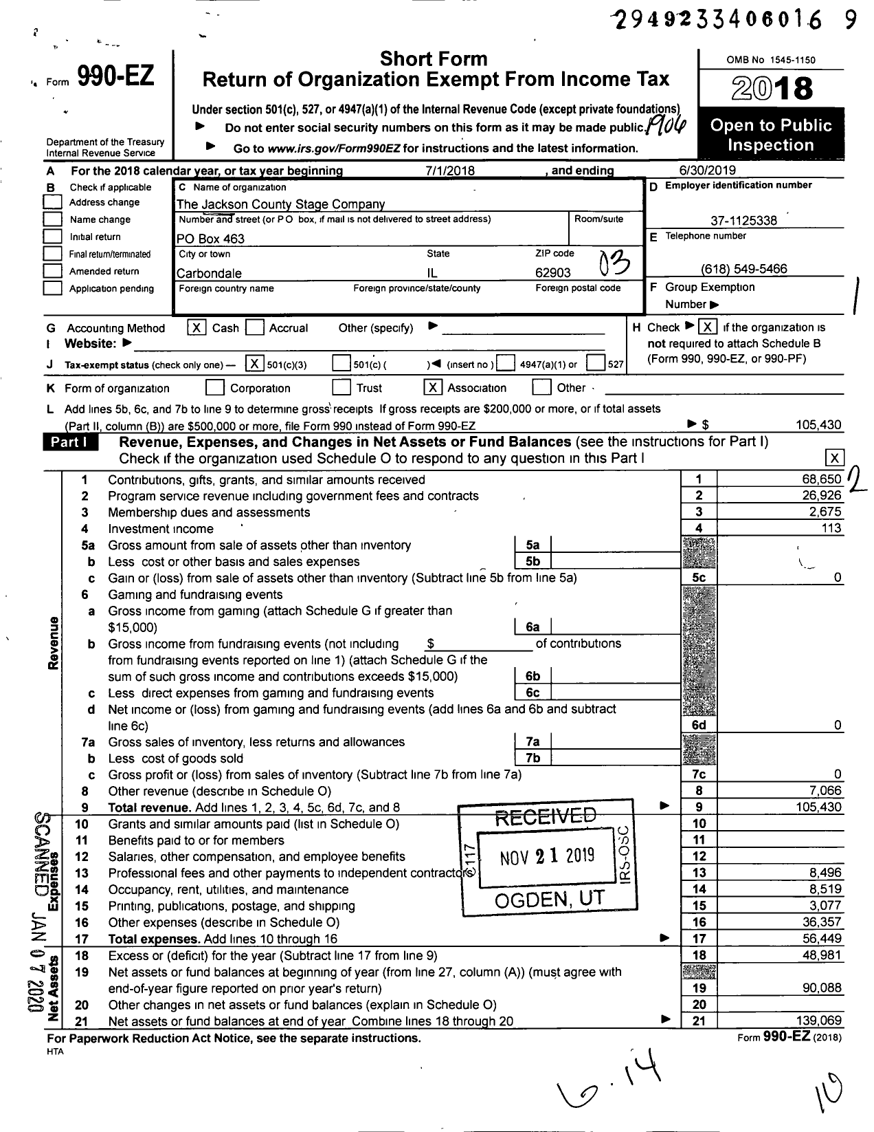 Image of first page of 2018 Form 990EZ for The Jackson County Stage Company