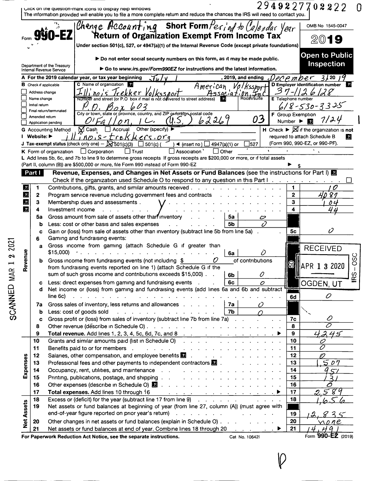 Image of first page of 2019 Form 990EZ for American Volkssport Association - 47 Illinois Trekkers Volkssport CLB