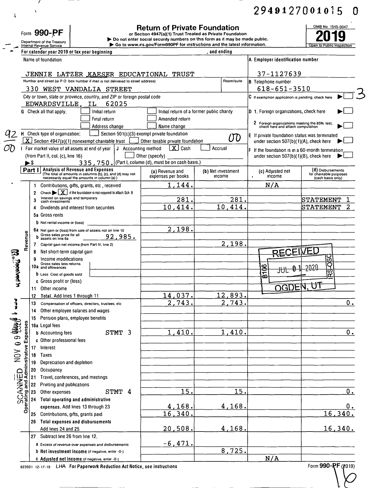 Image of first page of 2019 Form 990PF for Jennie Latzer Kaeser Educational Trust