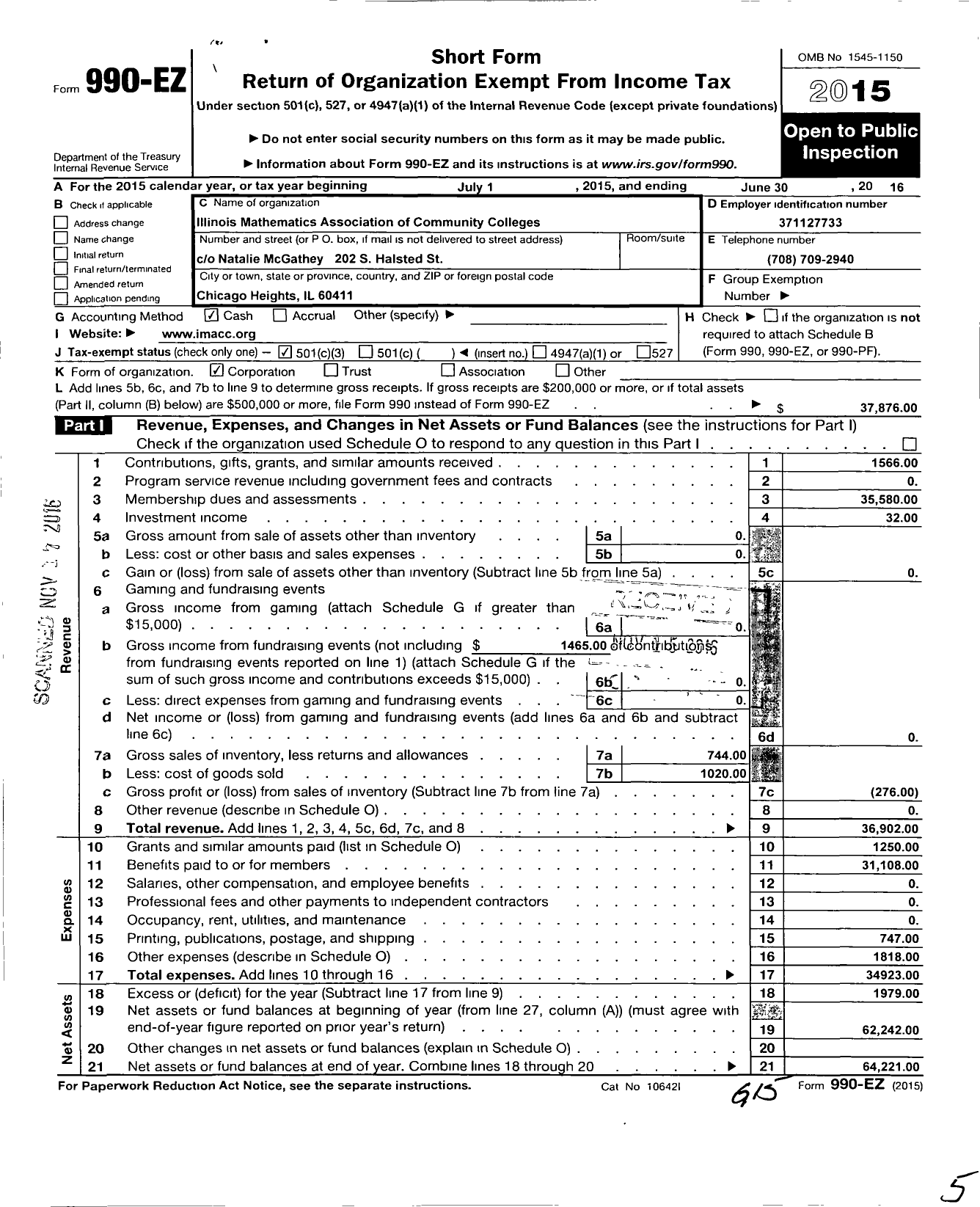 Image of first page of 2015 Form 990EZ for Illinois Mathematics Association of Community Colleges