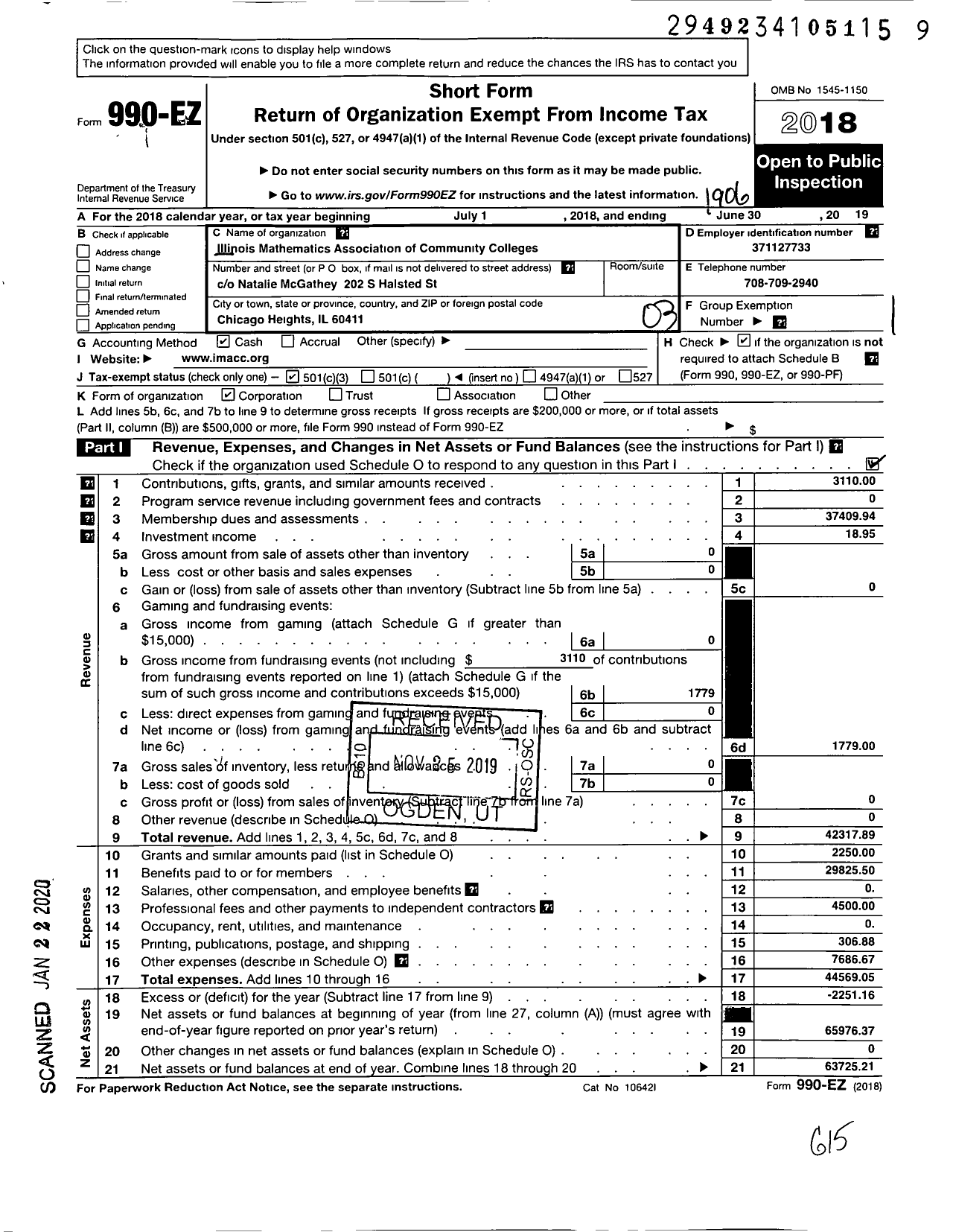 Image of first page of 2018 Form 990EZ for Illinois Mathematics Association of Community Colleges