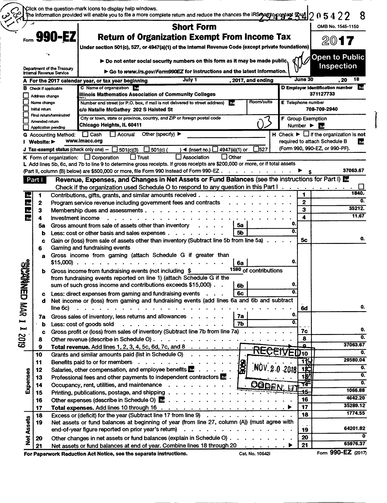 Image of first page of 2017 Form 990EZ for Illinois Mathematics Association of Community Colleges