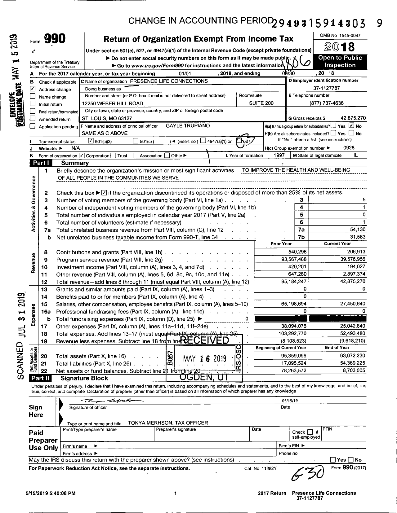 Image of first page of 2017 Form 990 for Presence Life Connections