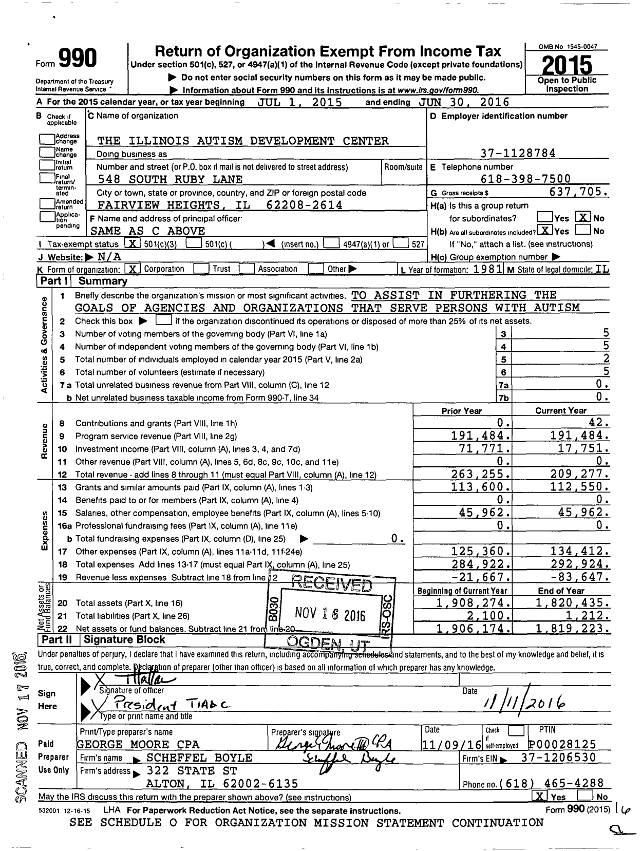 Image of first page of 2015 Form 990 for The Illinois Autism Development Center