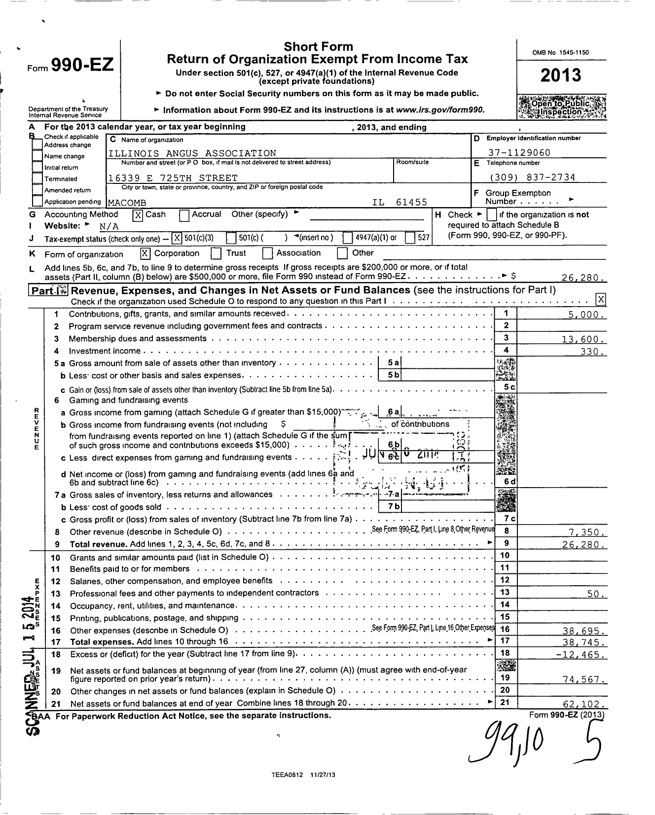 Image of first page of 2013 Form 990EZ for Illinois Angus Association