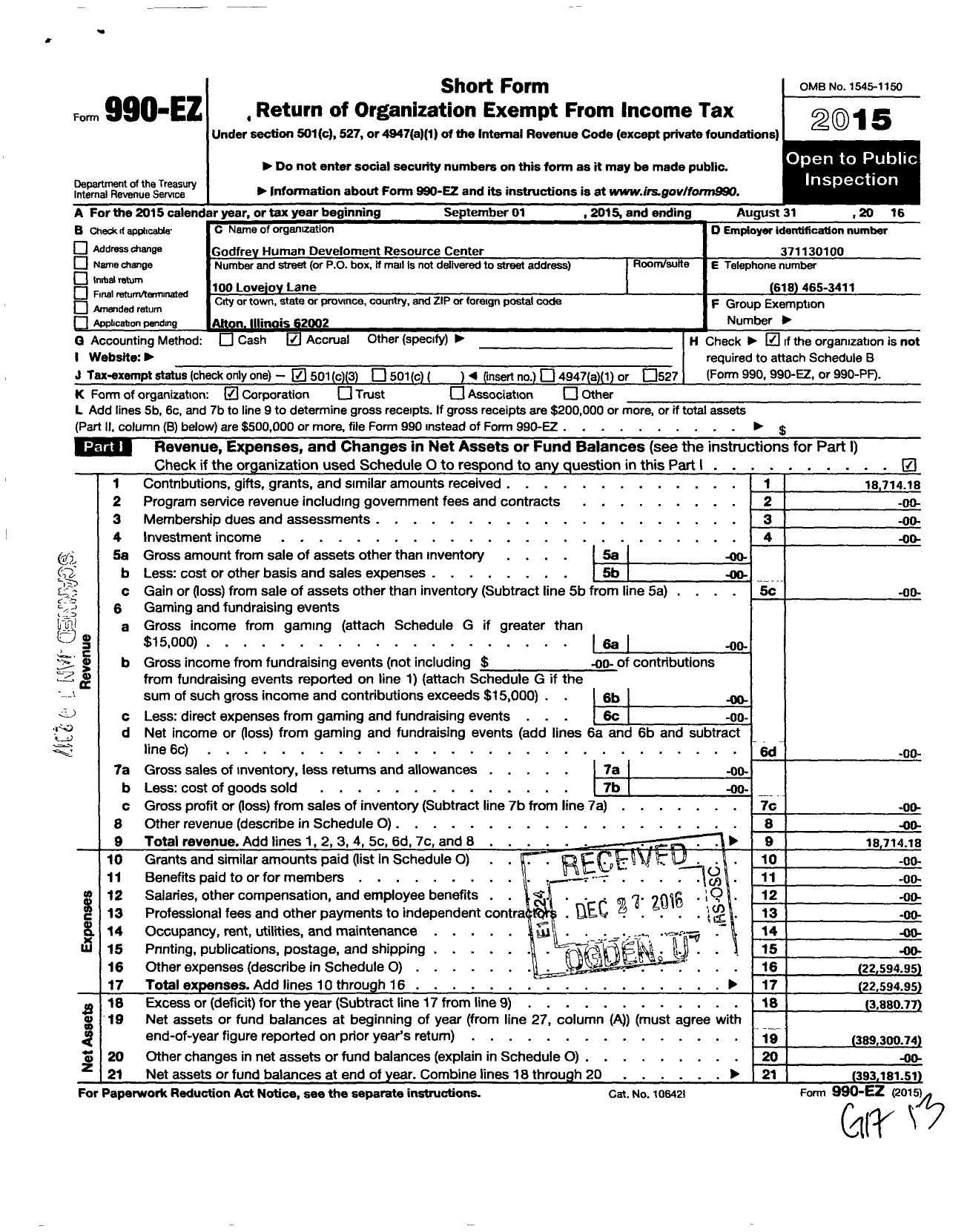 Image of first page of 2015 Form 990EZ for Godfrey Human Development Resource Center NFP