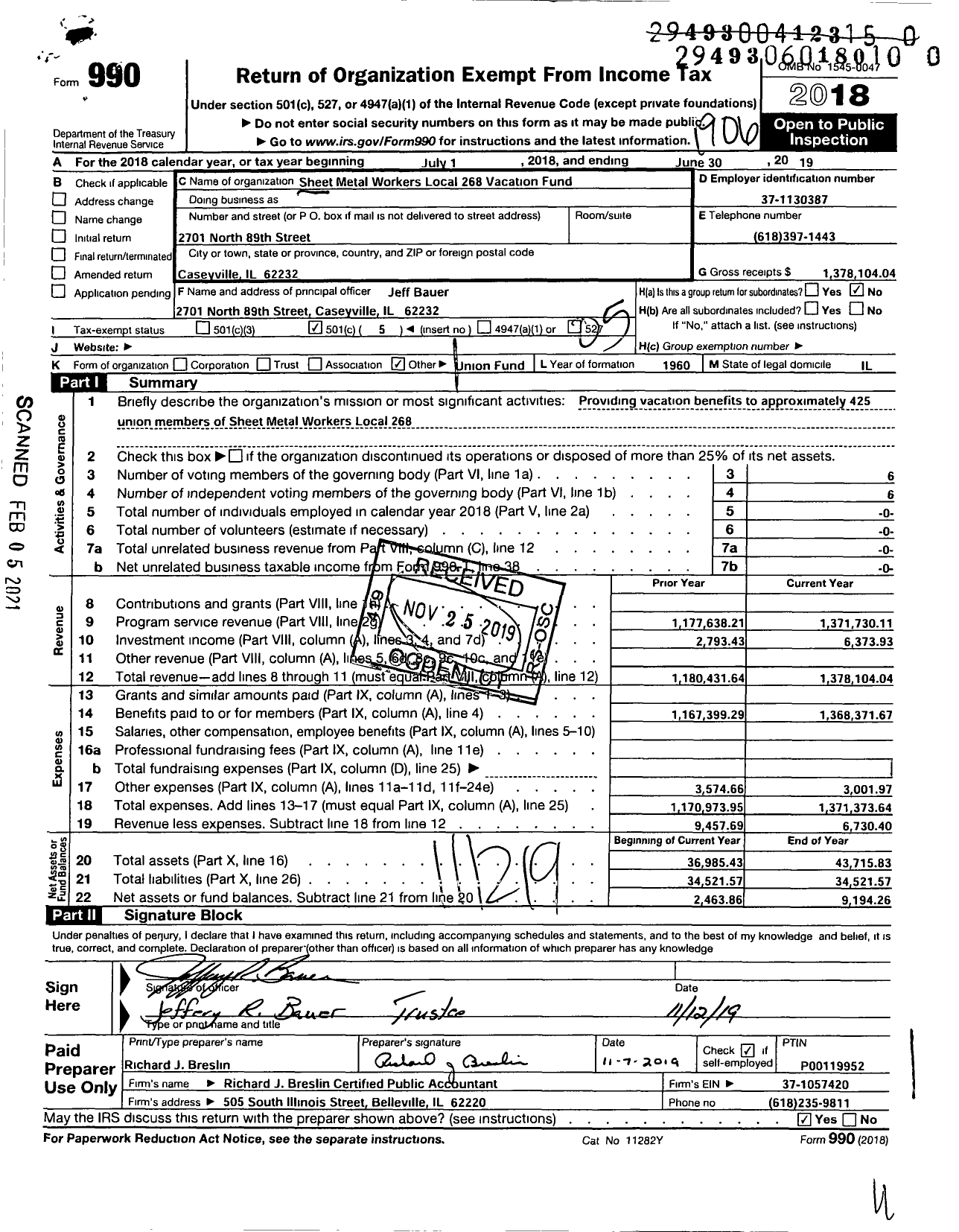 Image of first page of 2018 Form 990O for Sheet Metal Workers Local No 268 Vacation Fund
