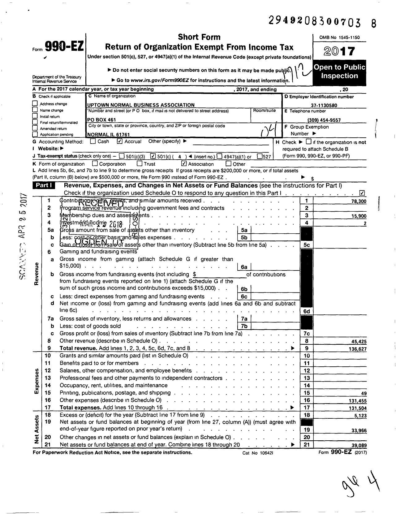 Image of first page of 2017 Form 990EO for Uptown Normal Business Association