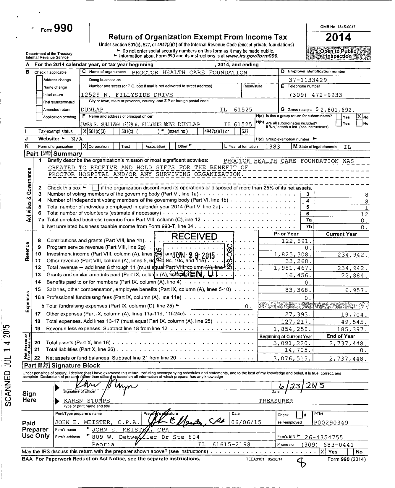 Image of first page of 2014 Form 990 for Proctor Health Care Foundation