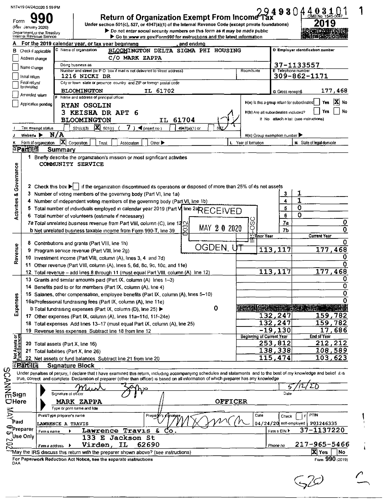 Image of first page of 2019 Form 990O for Bloomington Delta Sigma Phi Housing