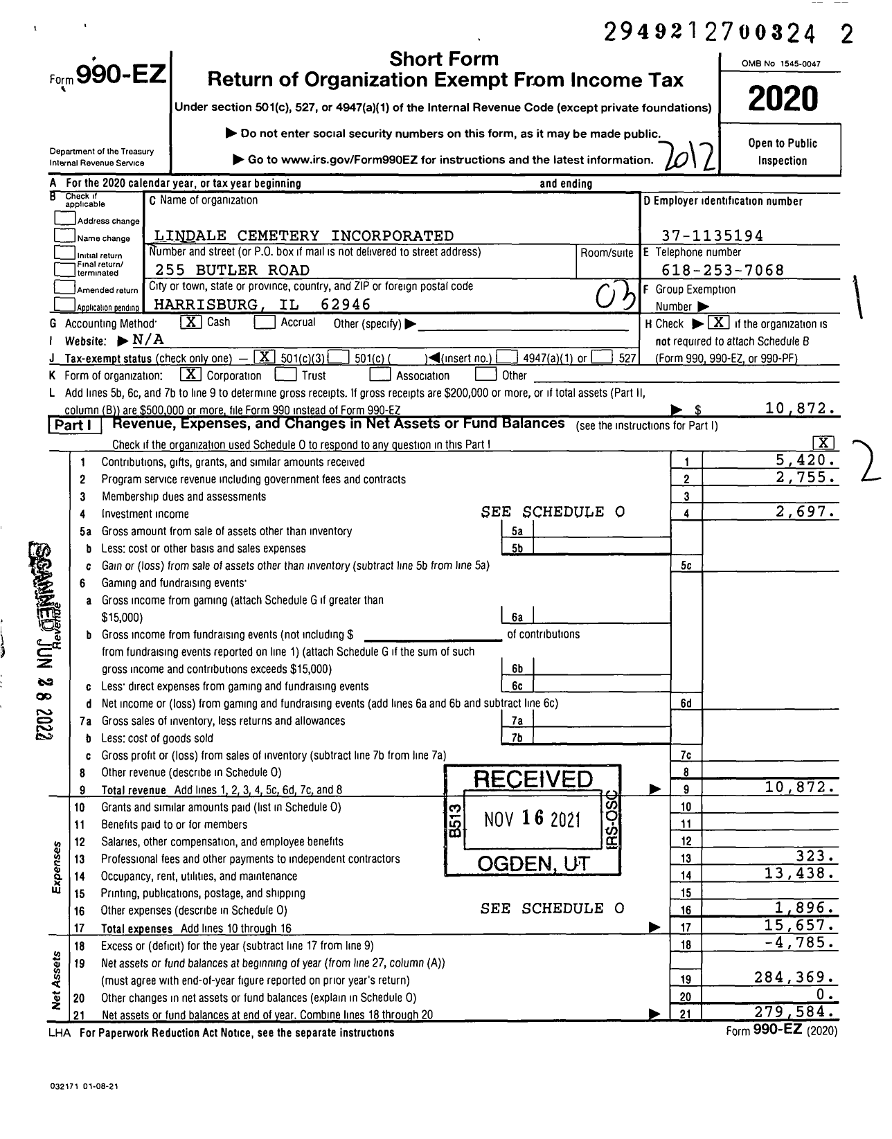 Image of first page of 2020 Form 990EZ for Lindale Cemetery Incorporated