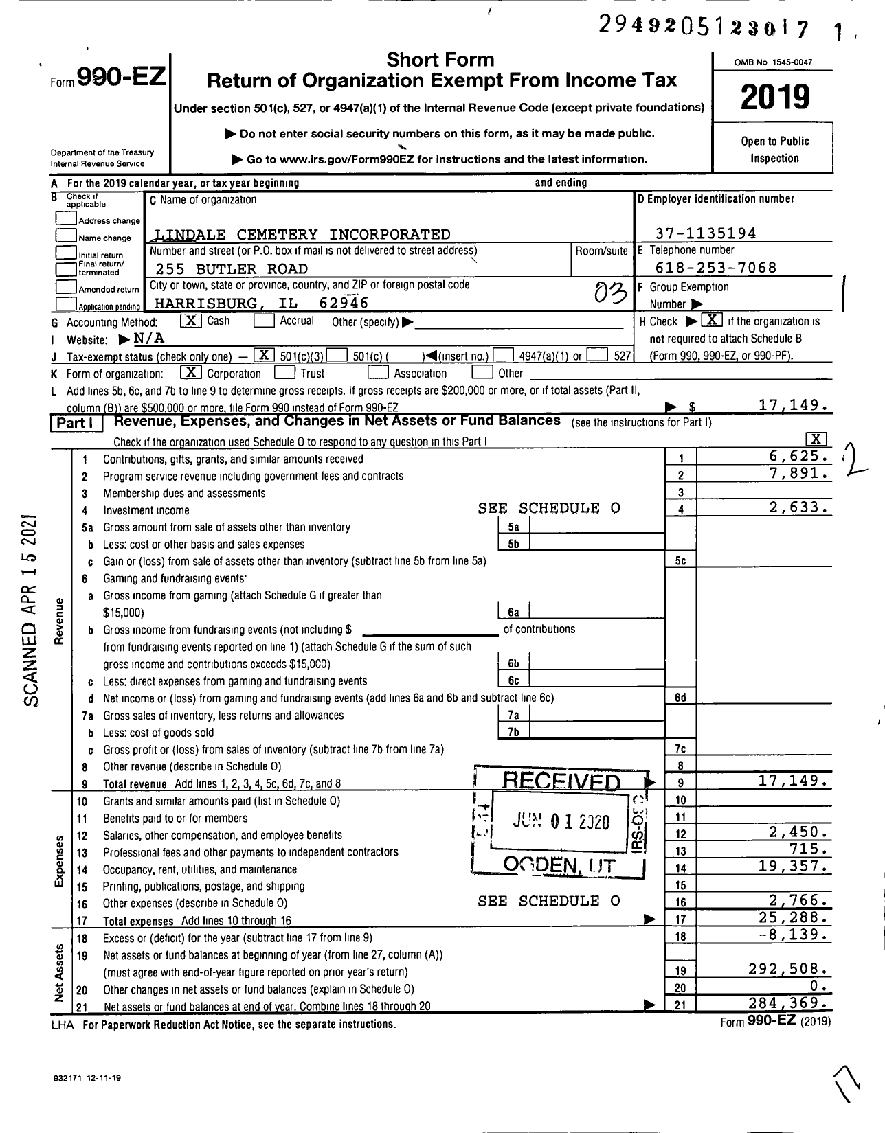 Image of first page of 2019 Form 990EZ for Lindale Cemetery Incorporated