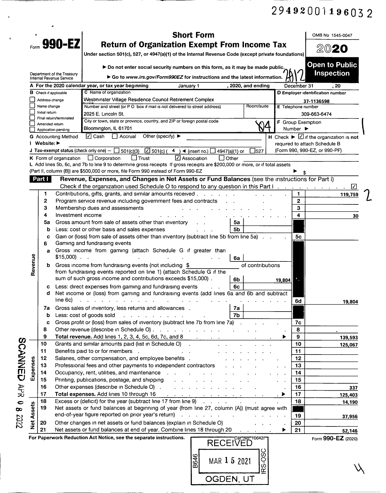 Image of first page of 2020 Form 990EO for Westminster Village Residence Council Retirement Complex