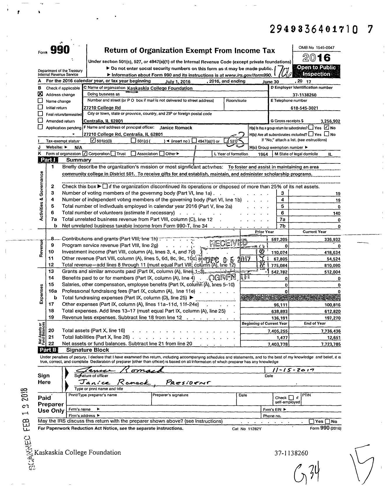 Image of first page of 2016 Form 990 for Kaskaskia College Foundation