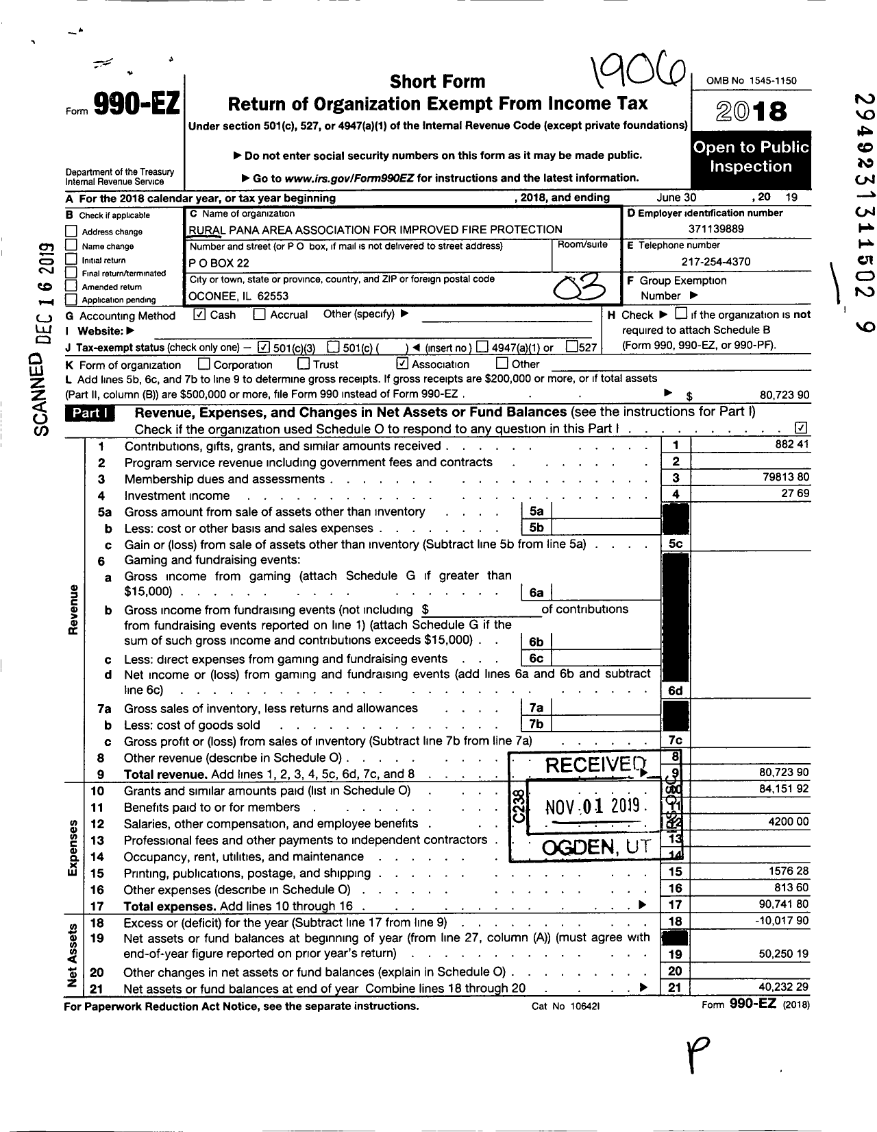 Image of first page of 2018 Form 990EZ for Rural Pana Area Association for Improved Fire Protection