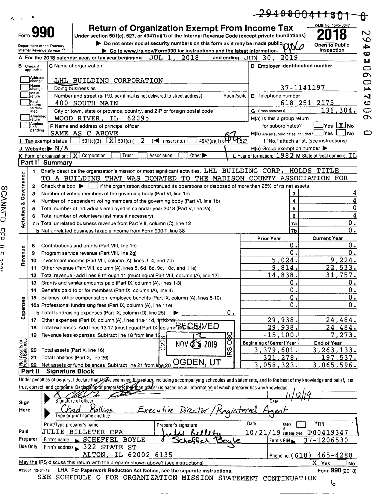 Image of first page of 2018 Form 990O for LHL Building Corporation