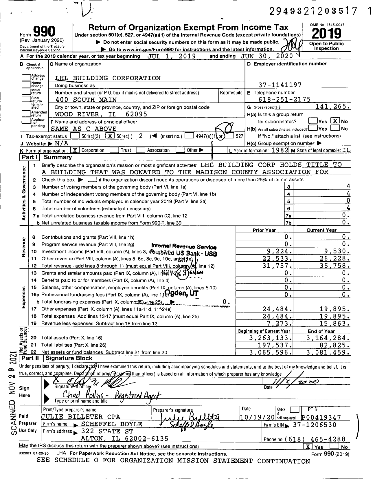 Image of first page of 2019 Form 990O for LHL Building Corporation