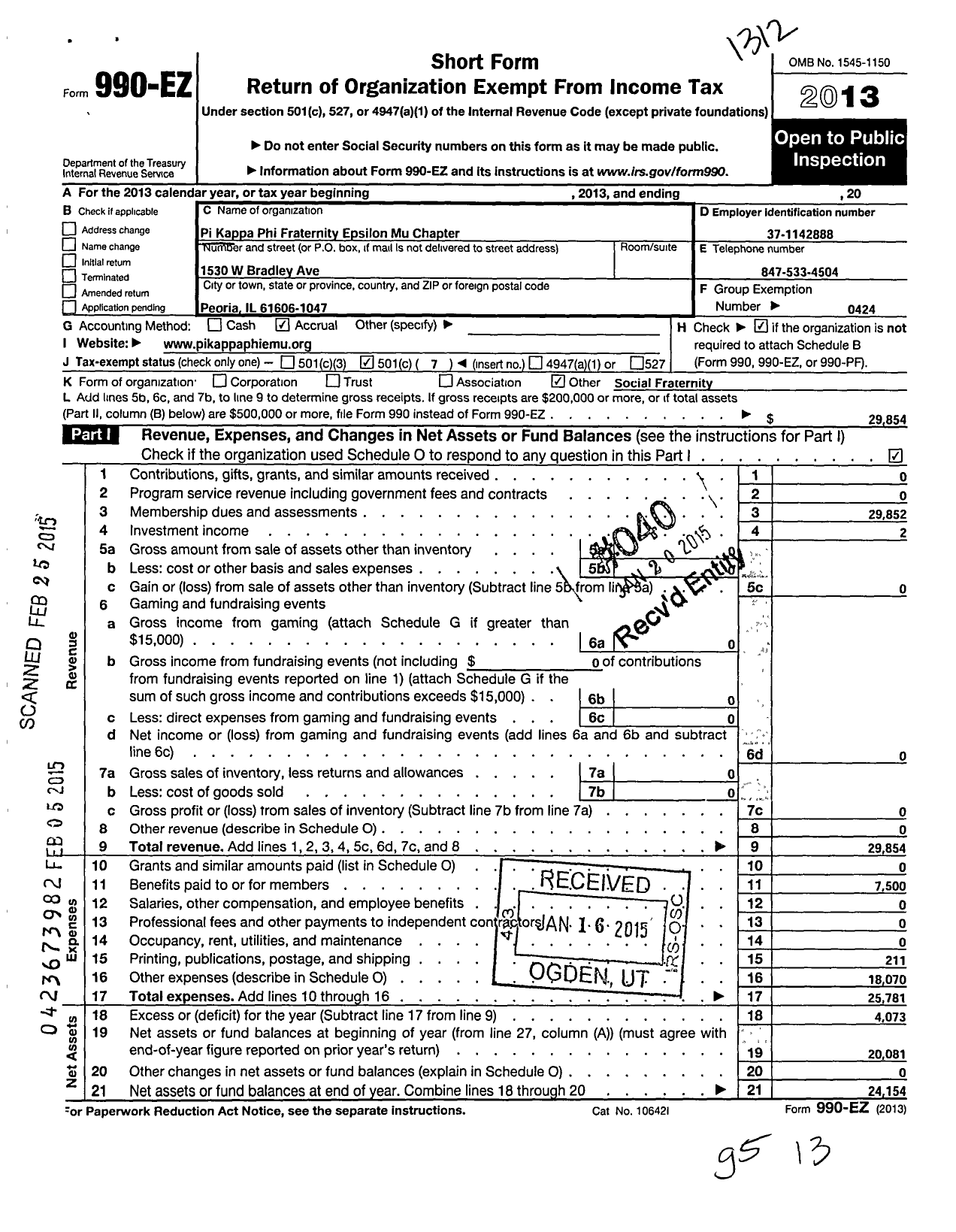 Image of first page of 2013 Form 990EO for Pi Kappa Phi Fraternity - Epsilon Mu Chapter