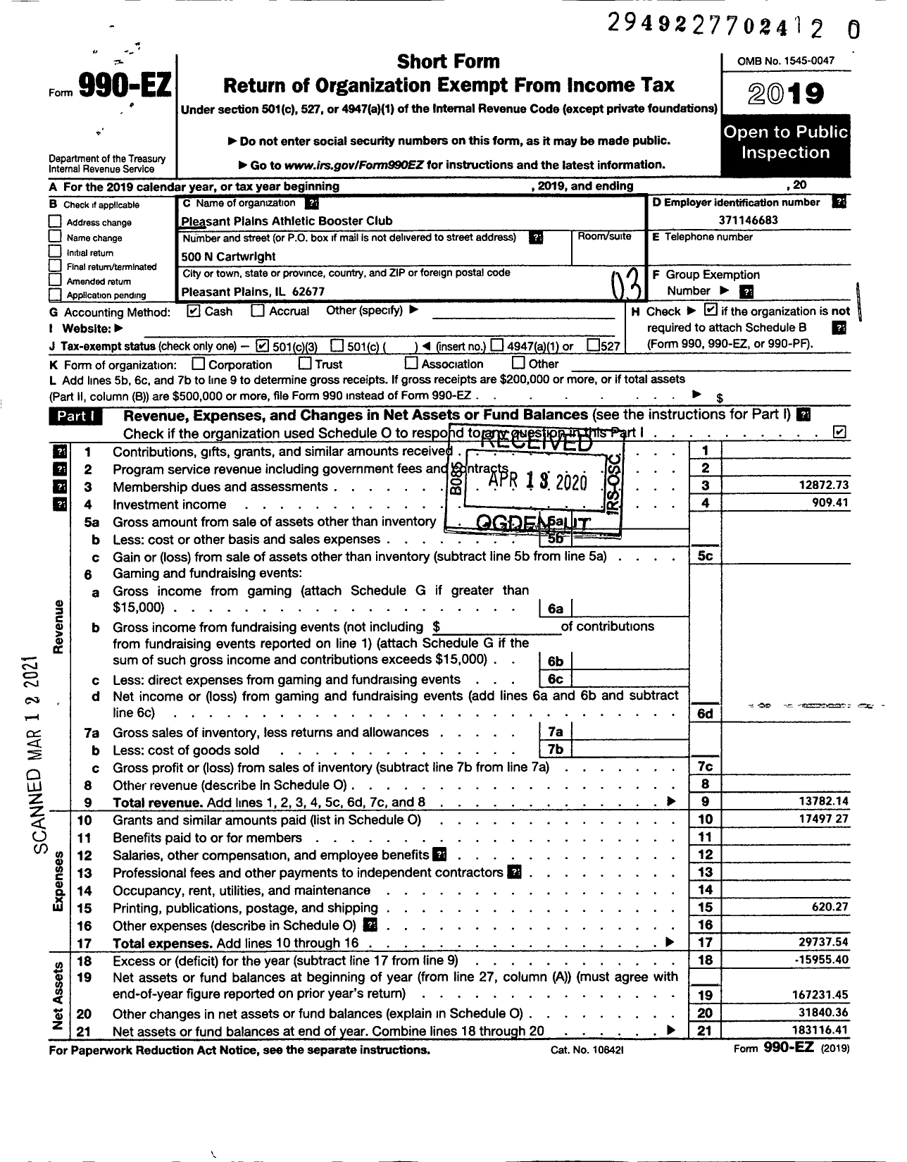 Image of first page of 2019 Form 990EZ for Pleasant Plains Athletic Booster Club