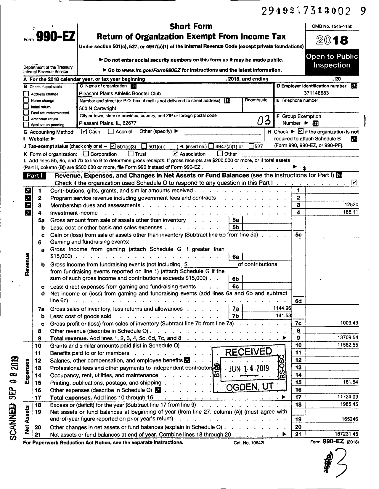 Image of first page of 2018 Form 990EZ for Pleasant Plains Athletic Booster Club