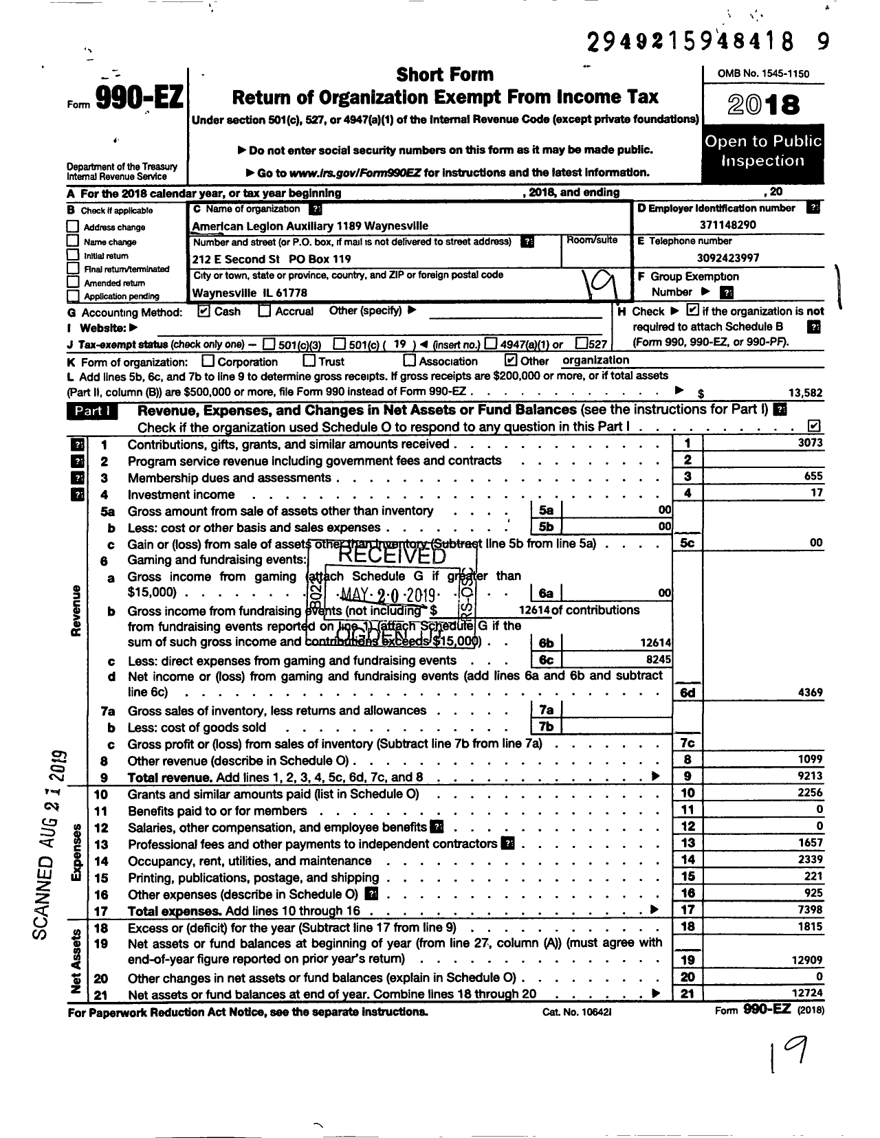 Image of first page of 2018 Form 990EO for American Legion Auxiliary / 1189 Waynesville