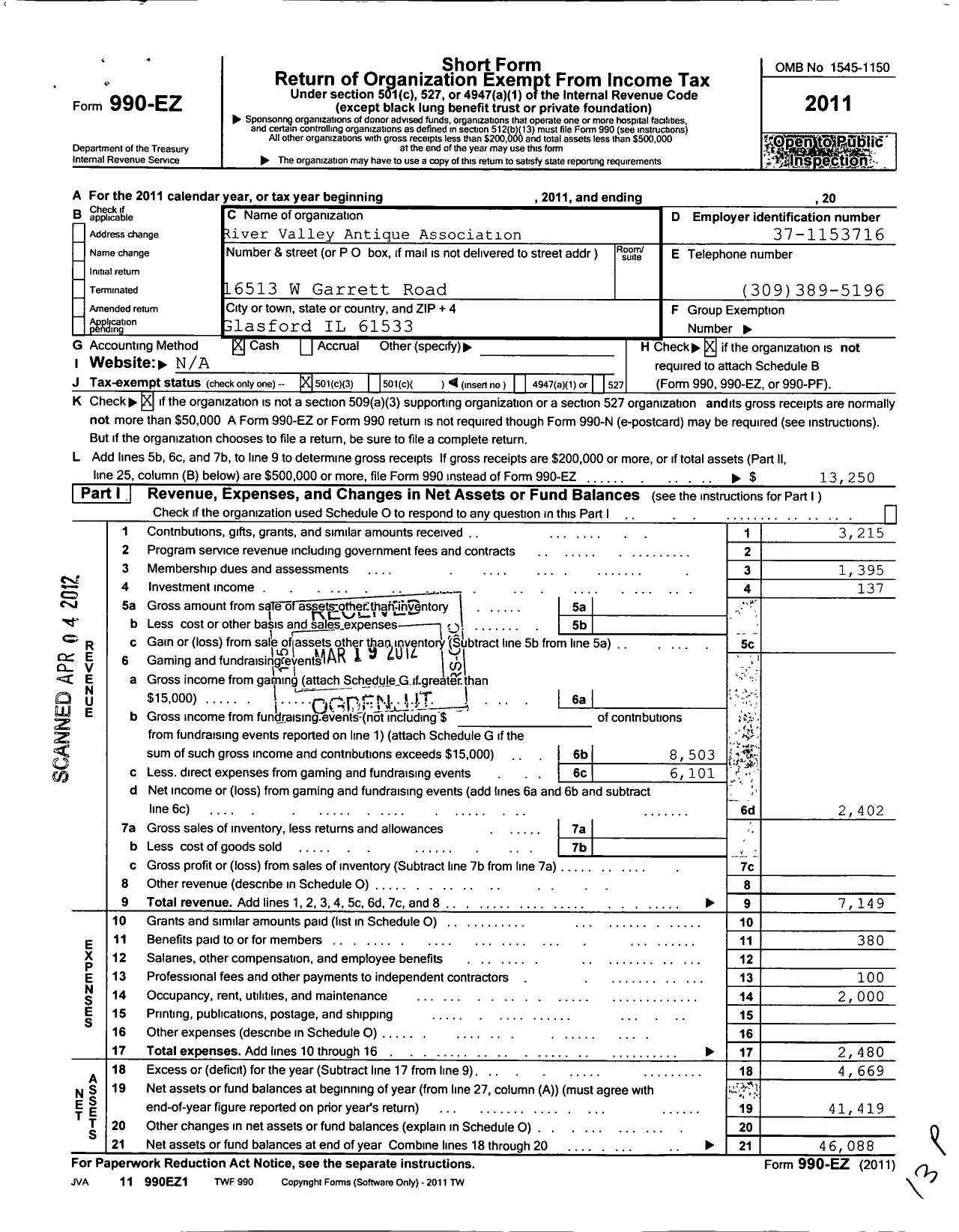 Image of first page of 2011 Form 990EZ for River Valley Antique Association