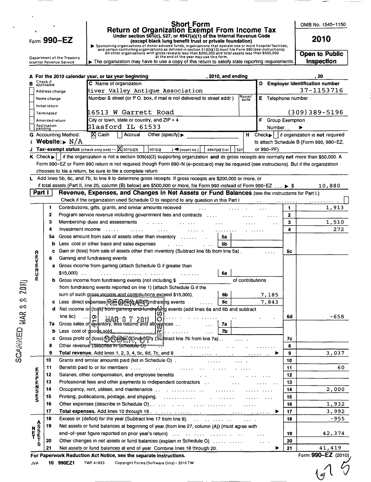 Image of first page of 2010 Form 990EZ for River Valley Antique Association