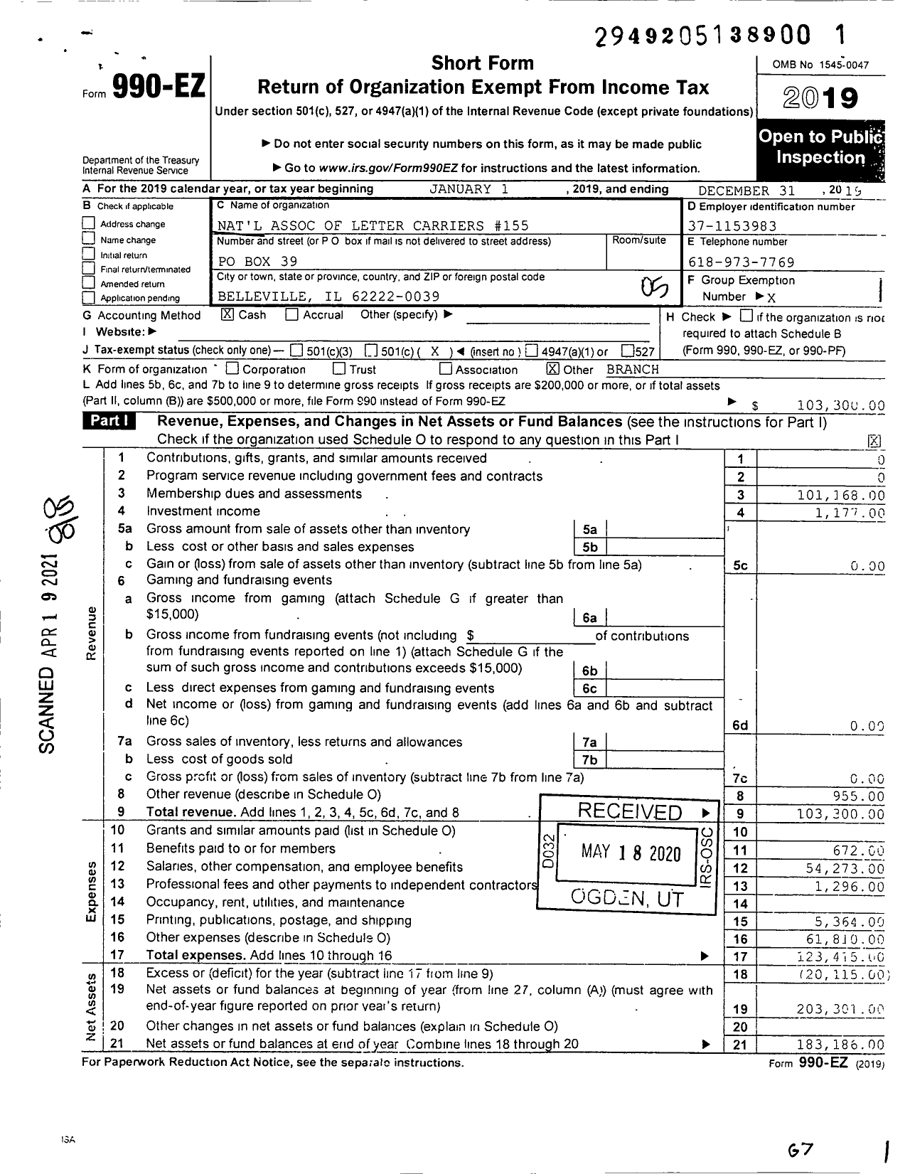 Image of first page of 2019 Form 990EO for National Association of Letter Carriers - 155 Harold A Wright Merged BR