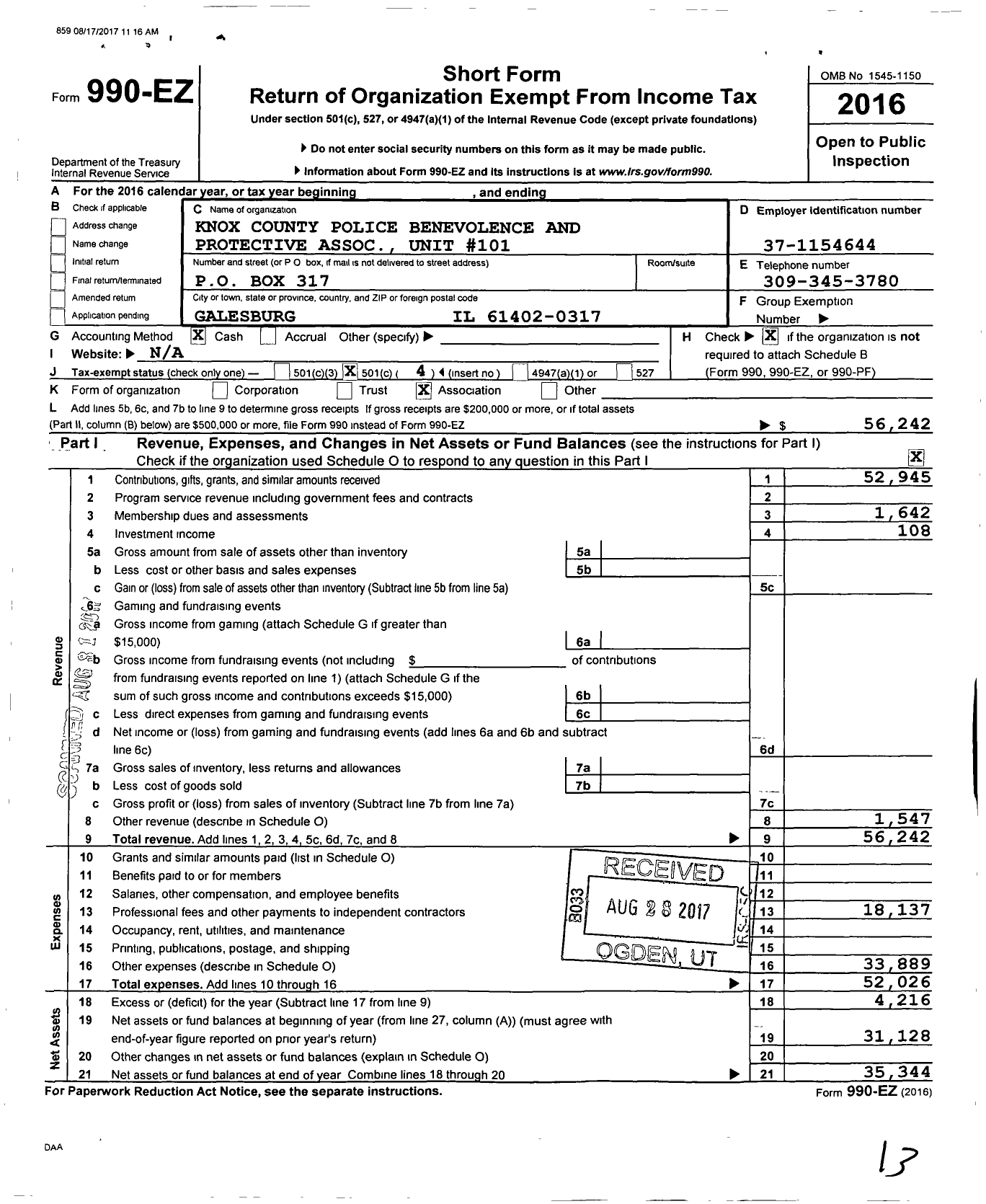 Image of first page of 2016 Form 990EO for Knox County Police Benevolence and Protective Association Unit 101