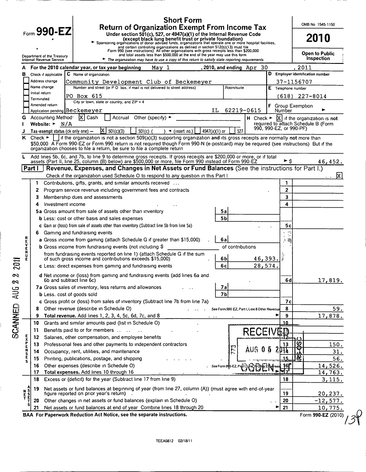 Image of first page of 2010 Form 990EZ for Community Development Club of Beckemeyer