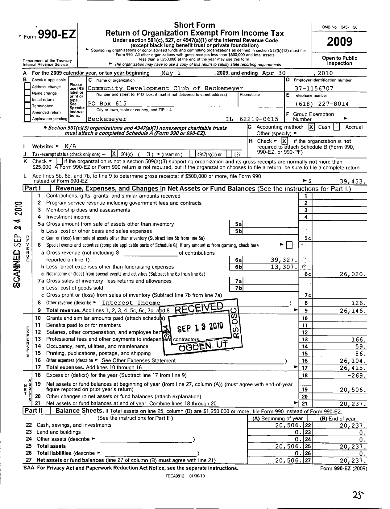 Image of first page of 2009 Form 990EZ for Community Development Club of Beckemeyer