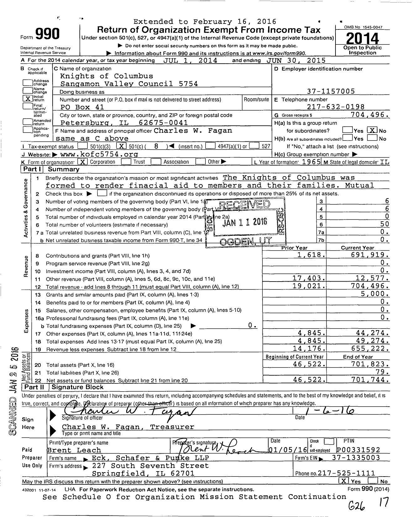 Image of first page of 2014 Form 990O for Knights of Columbus - 5754 Sangamon Valley Council