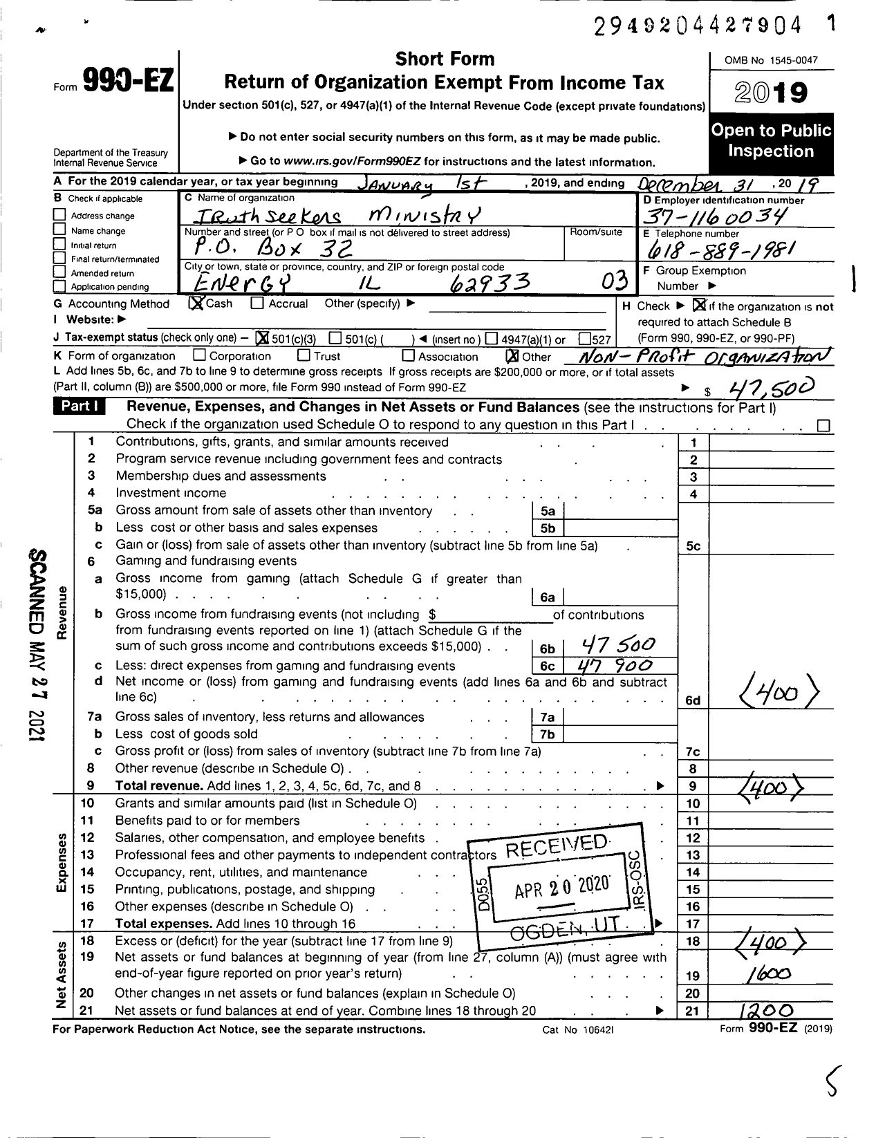 Image of first page of 2019 Form 990EZ for Truthseekers Quartet