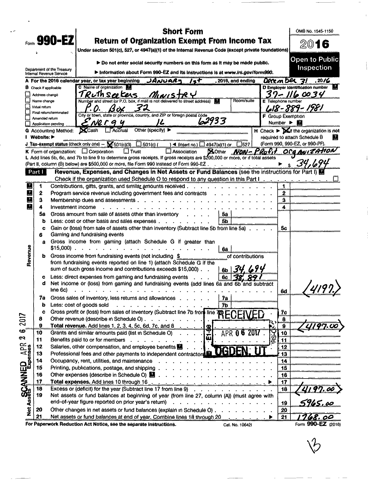 Image of first page of 2016 Form 990EZ for Truthseekers Quartet