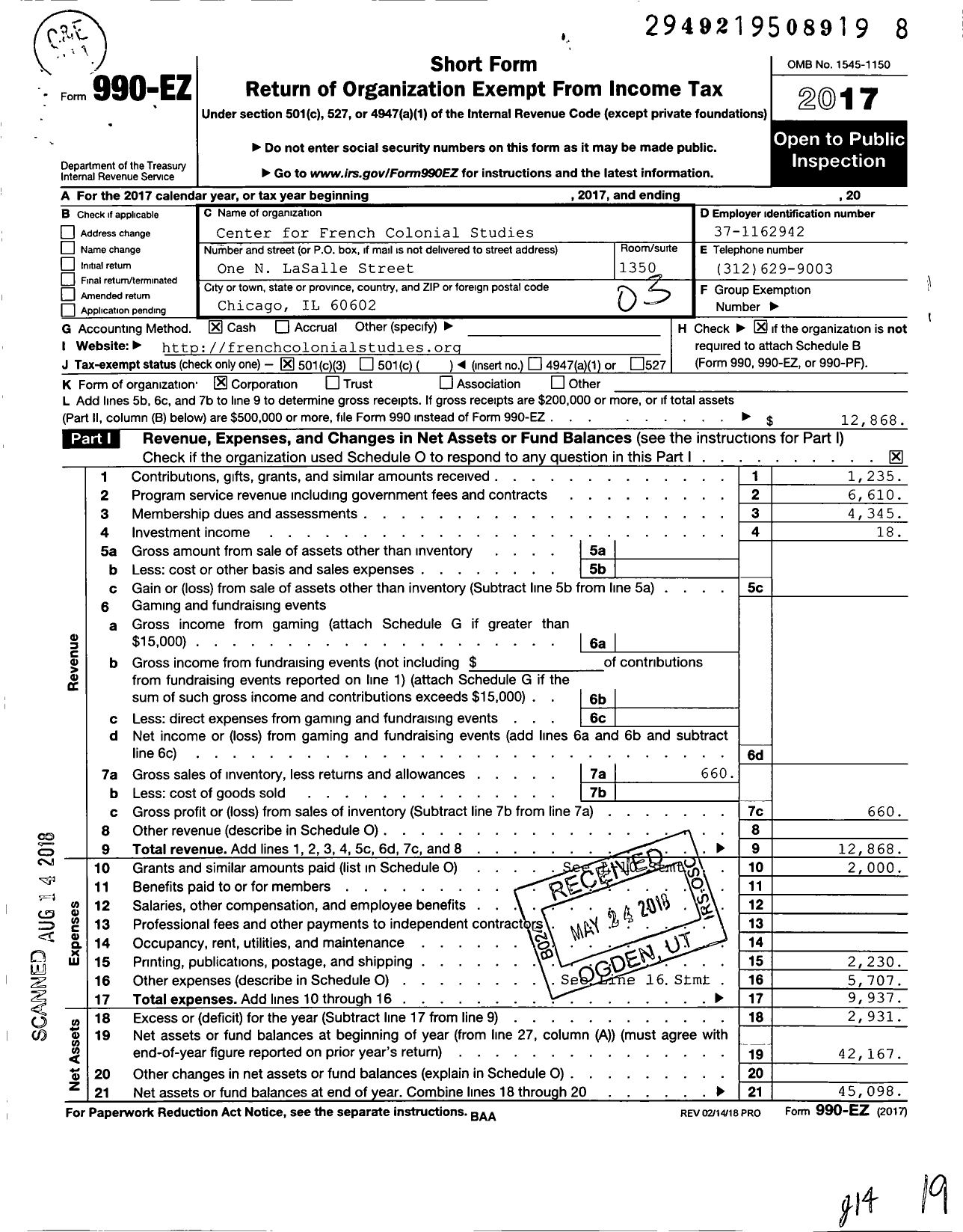 Image of first page of 2017 Form 990EZ for Center for French Colonial Studies