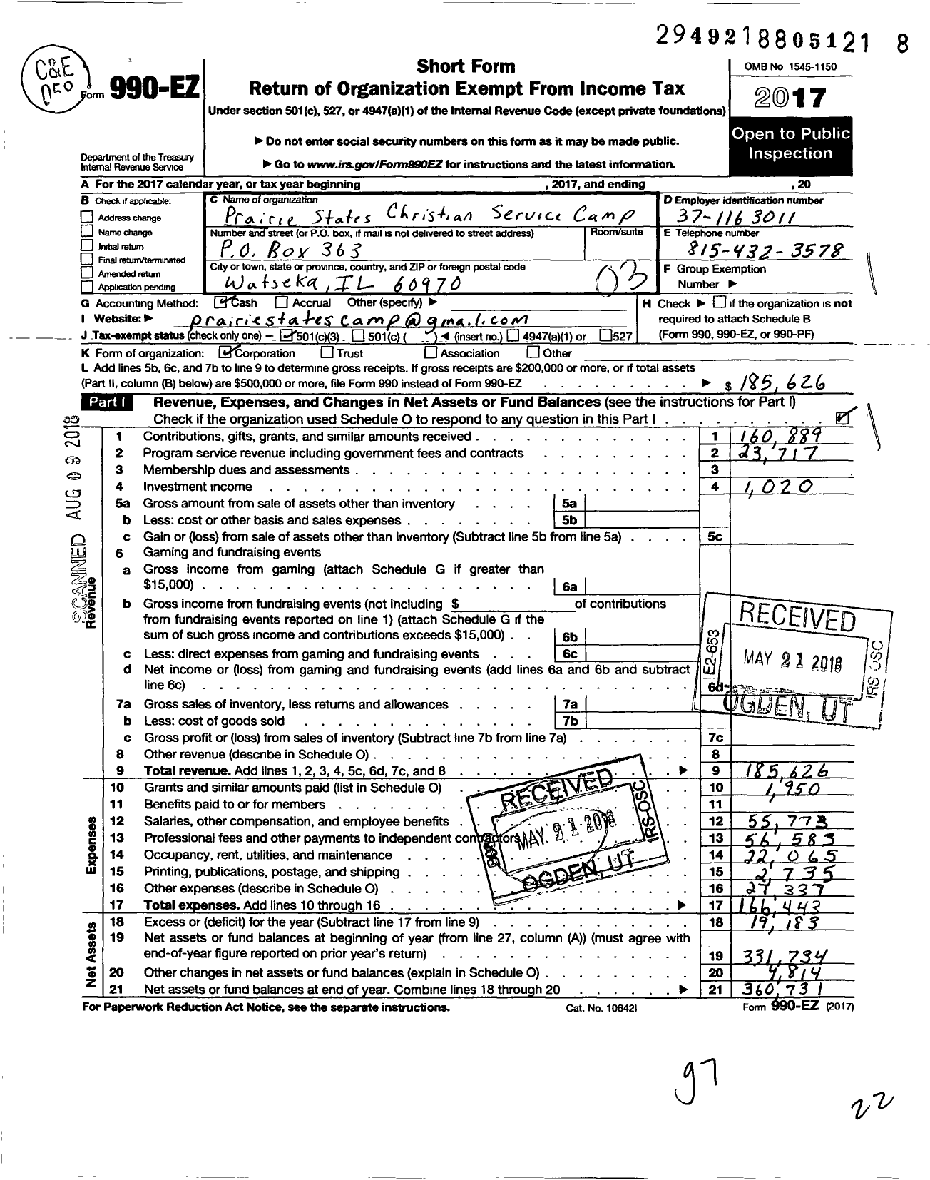 Image of first page of 2017 Form 990EZ for Prairie States Christian Service Camp