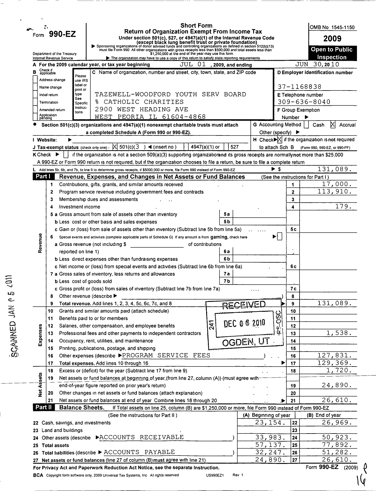 Image of first page of 2009 Form 990EZ for Tazewell Woodford Community Based Youth Services Board