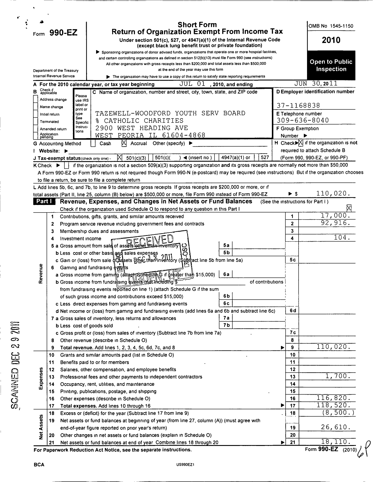 Image of first page of 2010 Form 990EZ for Tazewell Woodford Community Based Youth Services Board