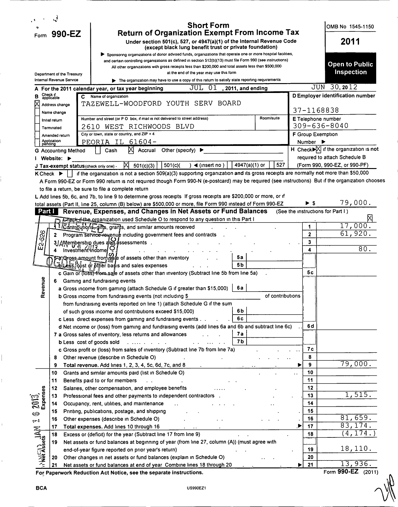 Image of first page of 2011 Form 990EZ for Tazewell Woodford Community Based Youth Services Board