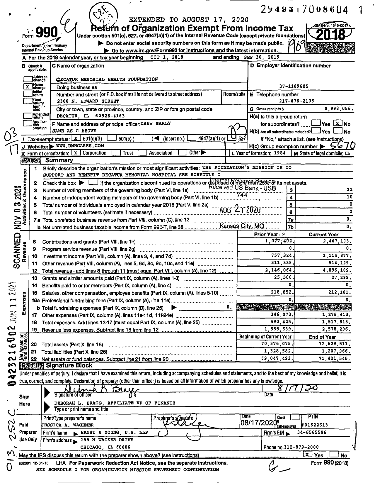 Image of first page of 2018 Form 990 for Decatur Memorial Foundation