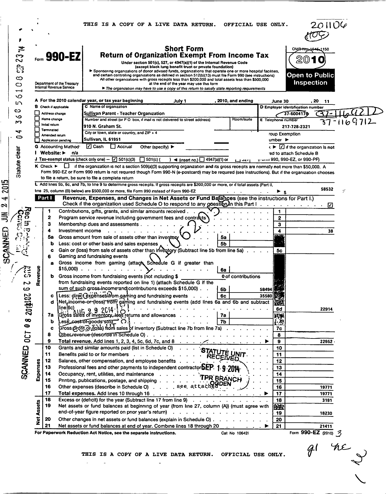 Image of first page of 2010 Form 990EZ for Sullivan Parent Teacher Organization