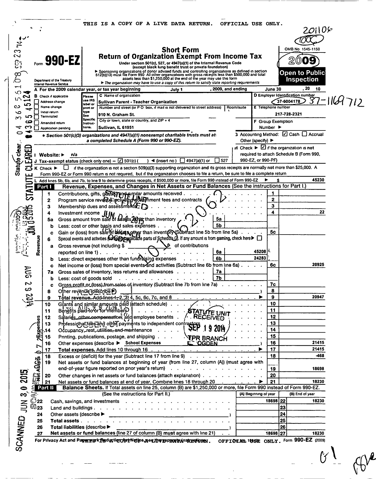 Image of first page of 2010 Form 990EO for Sullivan Parent Teacher Organization